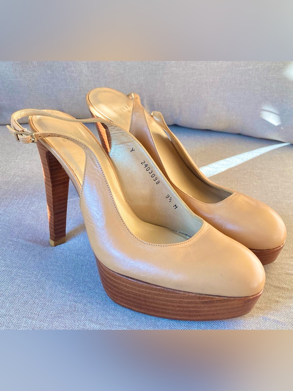 Stuart Weitzman Nude Leather Slingback Platform Pumps Wood Heel Size 9.5